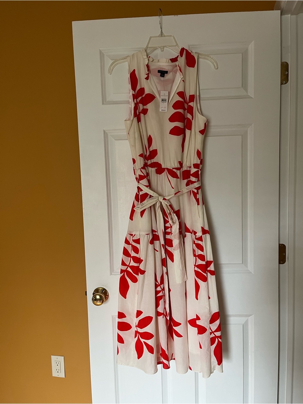 Ann Taylor Cream Midi Dress with Red Botanical Print and Tie Waist
